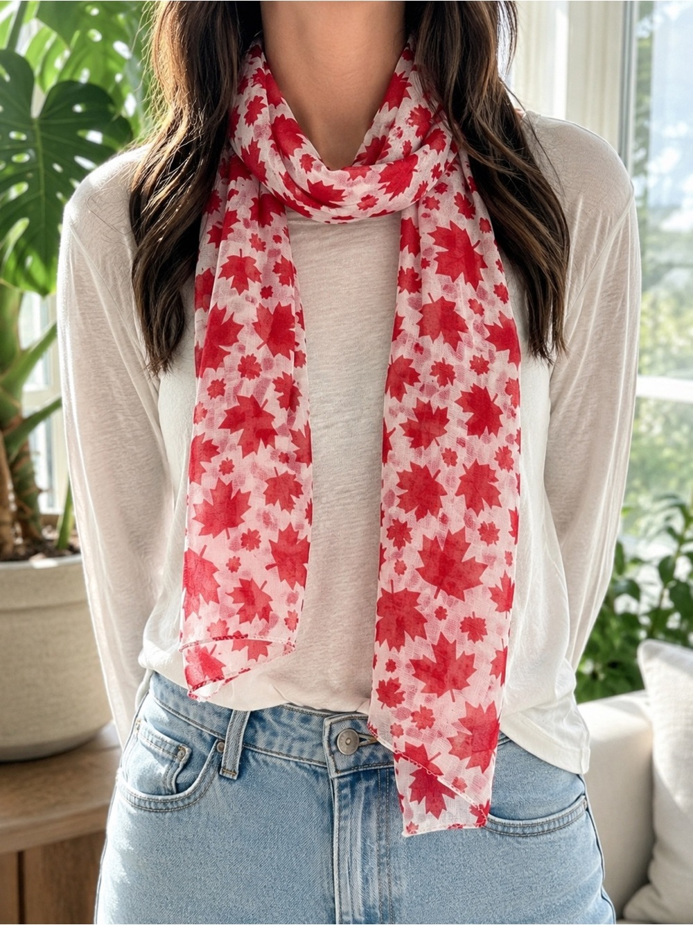 Maple Leaf Print Lightweight Scarf Wrap Red White